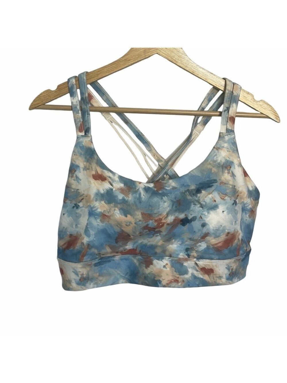 FreeFly Padded Low Impact Sports Bra Size XL Blue Cream Watercolor Strappy Back